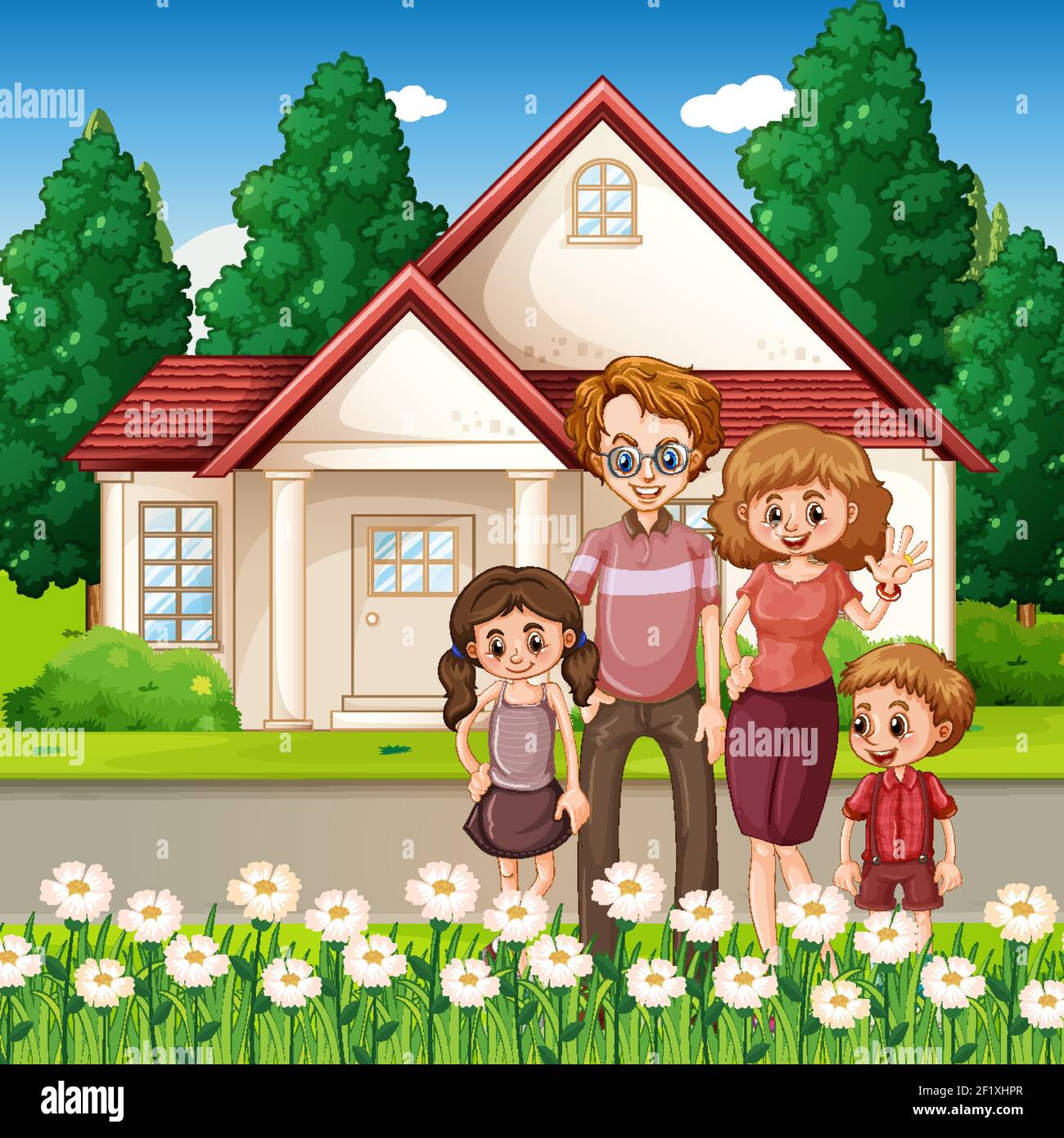 Happy family standing in front of the house illustration Stock Vector ...