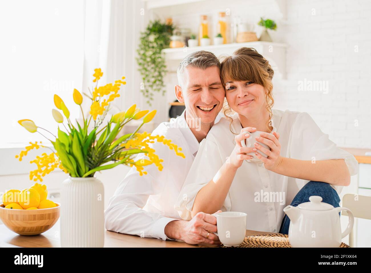 Beautiful young couple of lovers hugging on the background of modern kitchen Stock Photo