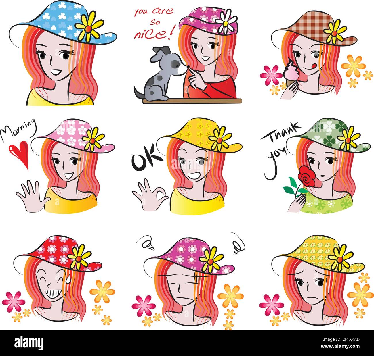 Cartoon girl emoji set Stock Vector