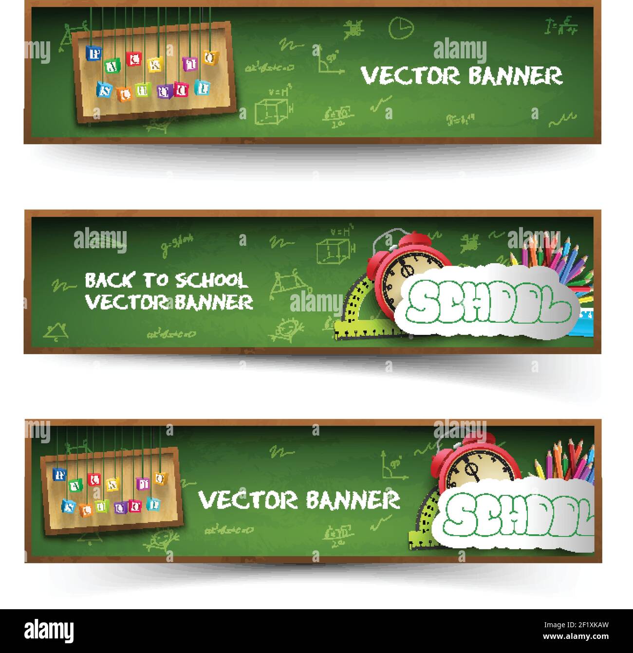 Three isolated green school banner set with isolated accessories and ...