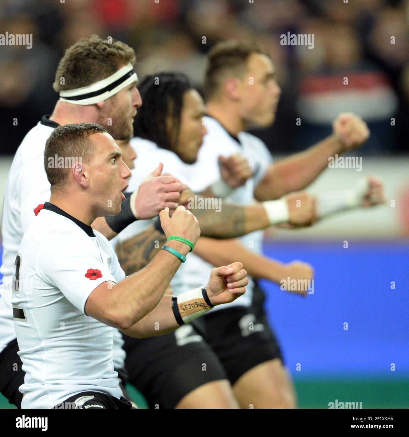 New Zealand's Aaron Cruden during the Haka Kapa o Pango before the rugby union test match 2013 between France and New Zealand on November 9, 2013 in Saint Denis, France. Photo Philippe Millereau / KMSP / DPPI Stock Photo