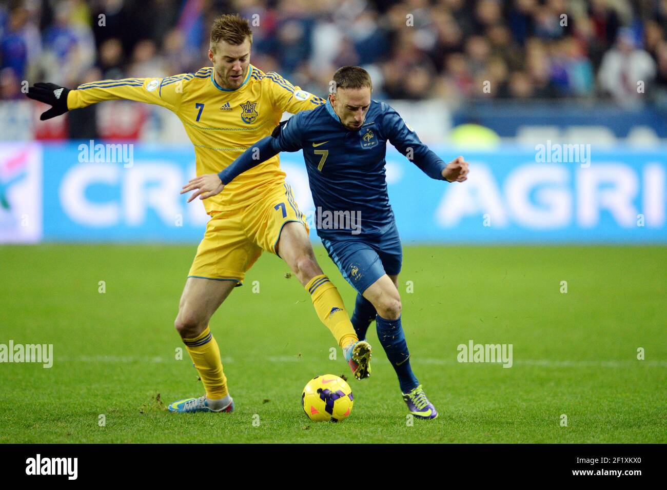 France's Franck Ribery vies with Ukraine's Andriy Yarmolenko during the  2014 World Cup qualifying play-off second leg football match between France  and Ukraine at the Stade de France in Saint-Denis, outside Paris,