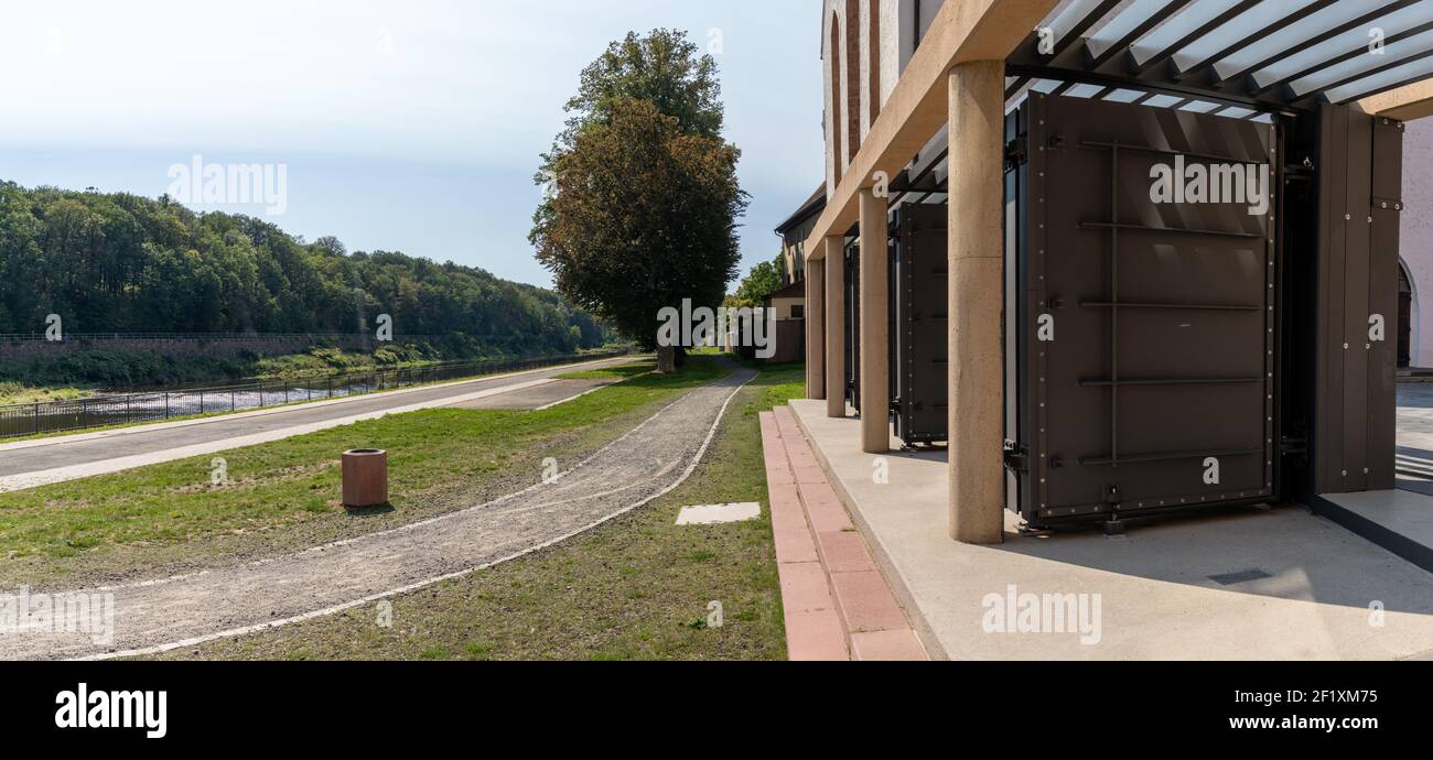 Flood protection and gates at the St. Agustin boarding school in Grimma Stock Photo