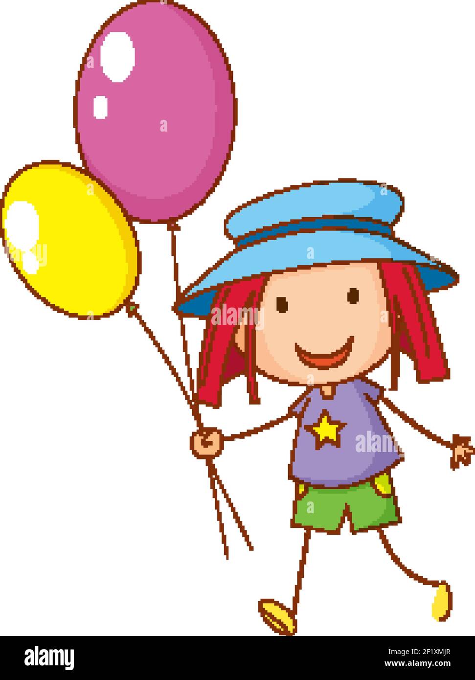 Doodle hand drawn with a girl cartoon character holding balloon ...