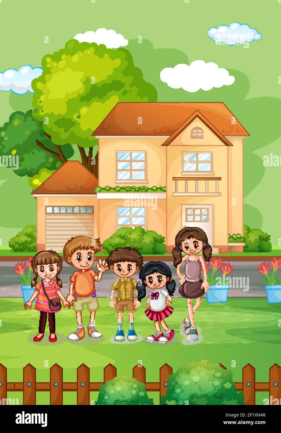 Outdoor house scene with many children illustration Stock Vector Image ...