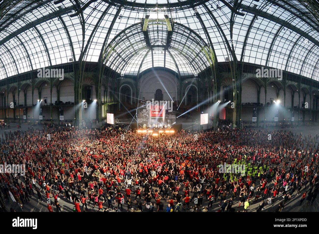 FRANCE, Paris, Fitness Reebok Lesmills, The Grand Palais of Paris is  transformed into the most beautiful fitness room of the world, on february  1st 2014. 5000 people attended the fitness class. Photo :