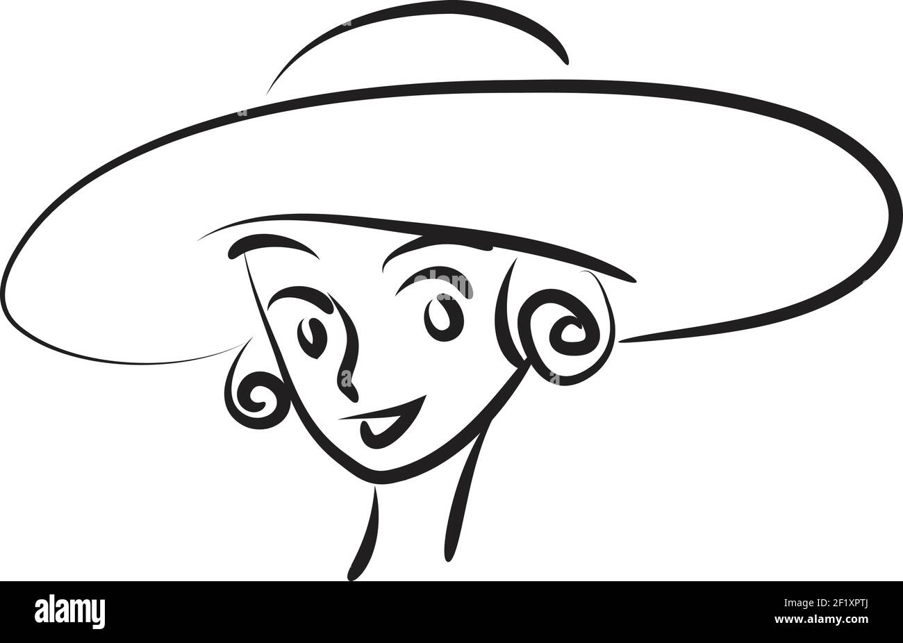 vector drawing easy line black and white hat beauty girl face icon sign Stock Vector