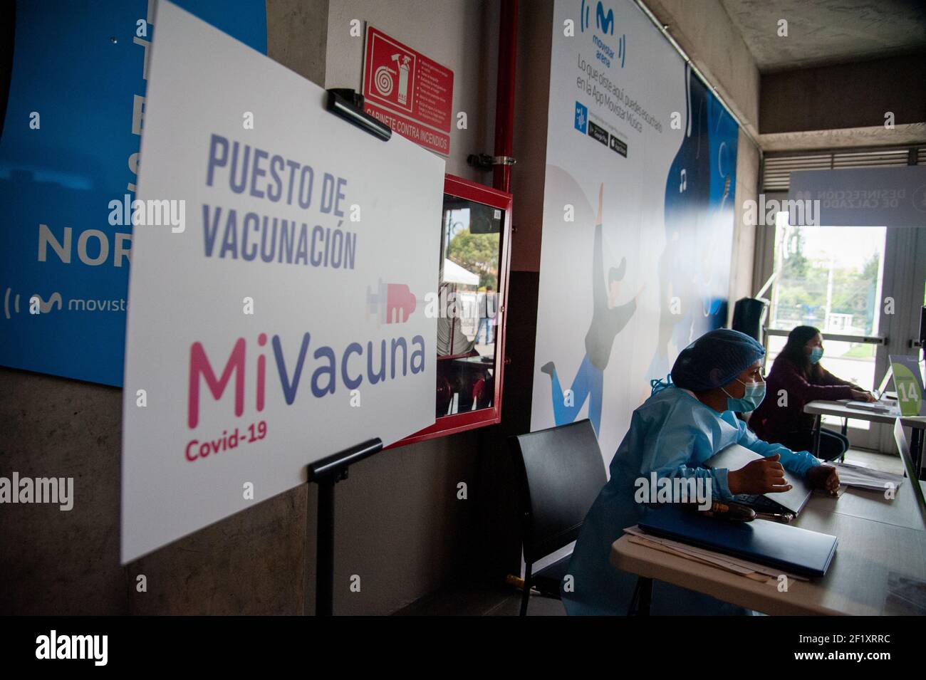 A sign of 'Mi Vacuna' campaing for COVID-19 vaccination in Colombia reads 'Vaccination point' In Bogota, Colombia on March 9, 2021 after Colombia star Stock Photo