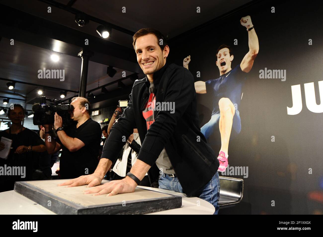 Renaud Lavillenie (FRA) at the Nike press conference, after his world  record in Paris, on February 17, 2014. Photo Stephane Kempinaire / KMSP /  DPPI Stock Photo - Alamy