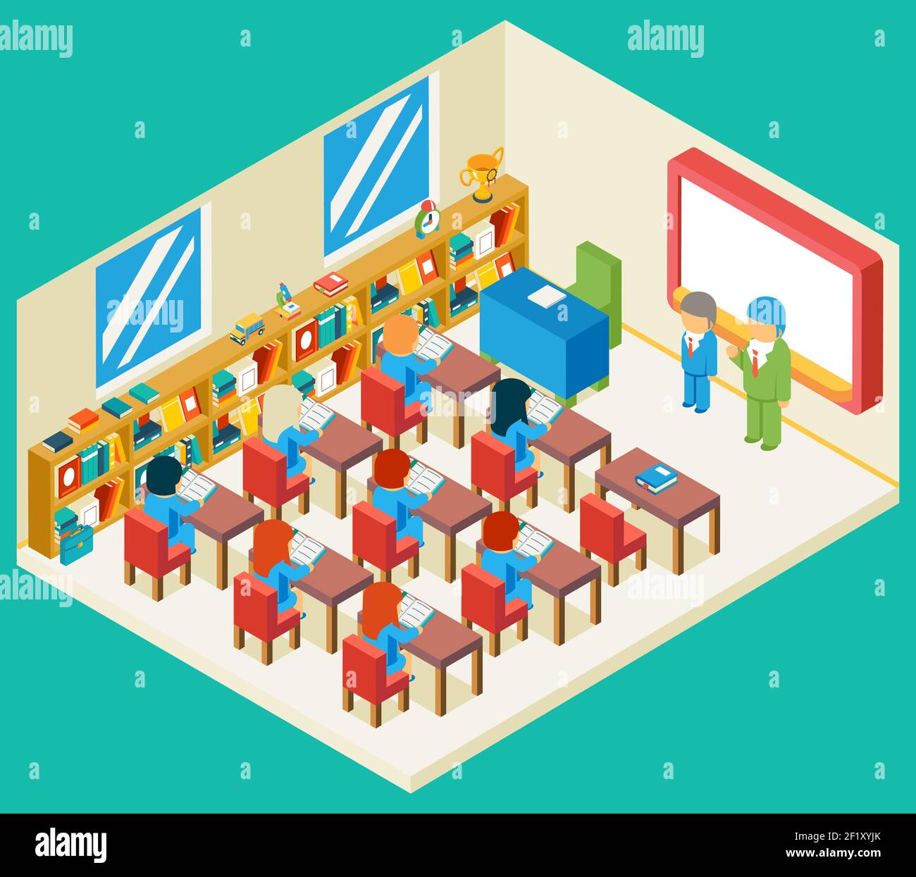 Education and school class isometric 3d concept. Bookshelf and teacher ...