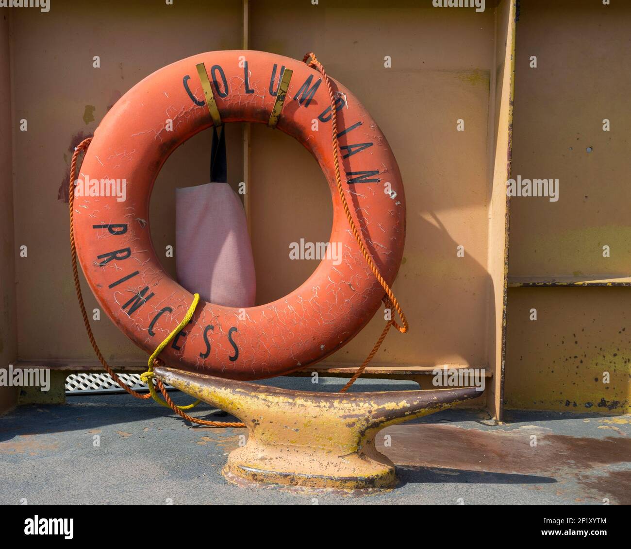 A lifebuoy on the Columbian Princess Ferry at the Keller Ferry dock on Franklin D Roosevelt Lake, Washington. Stock Photo