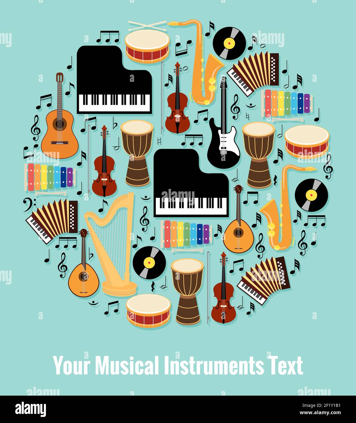 Assorted Musical Instruments Design Formed Round with Editable Text Area. Isolated on Light Blue Sky Background. Stock Vector