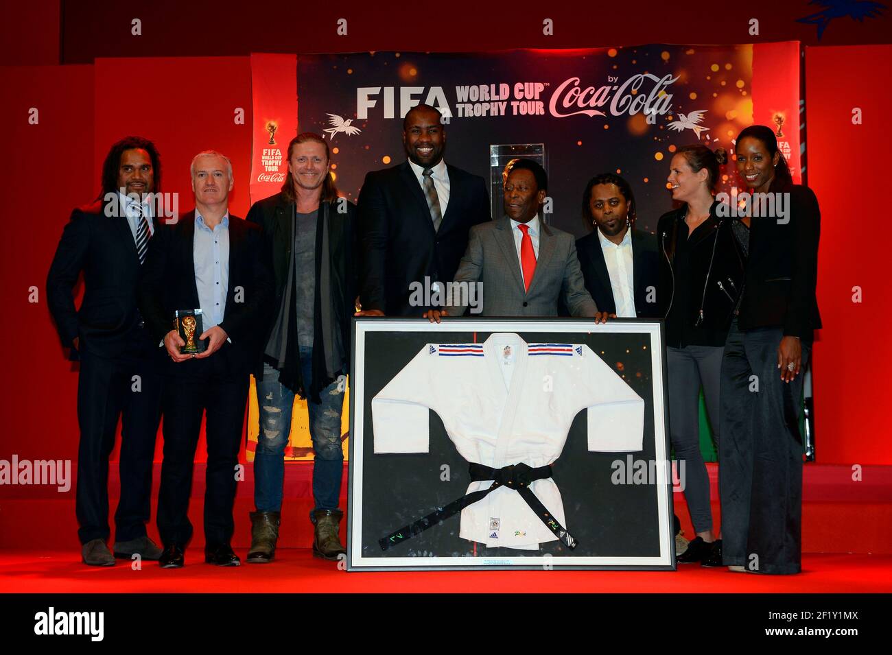 Christian Karembeu, Didier Deschamps, Emmanuel Petit, Teddy Riner, Brazil former player Pele Edson Arantes do Nascimento, Bernard Diomede, Laure Manaudou and Malia Metella during the FIFA World Cup 2014 Trophy Tour on March 10, 2014 in Paris, France. Photo Julien Crosnier / KMSP / DPPI Stock Photo