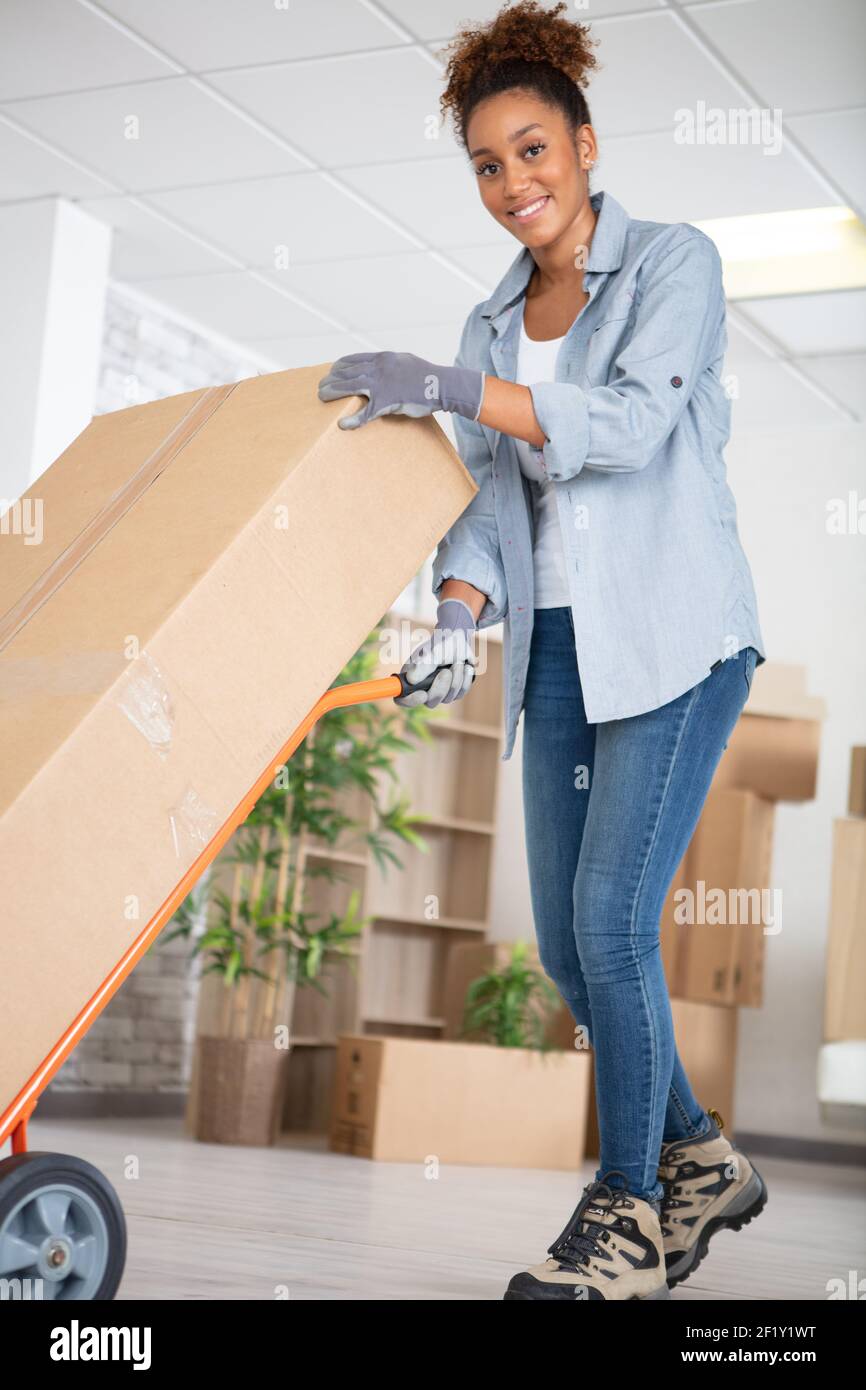 woman contractor moving boxes on a trolley Stock Photo - Alamy