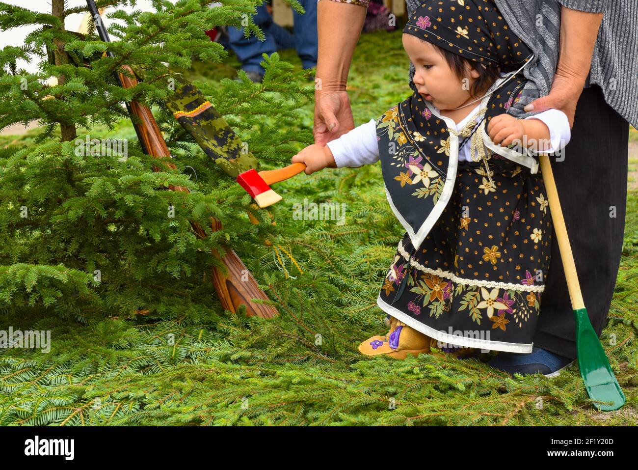 Native Walking Out Ceremony, Northern Quebec , Canada. This event is a rite of passage for a toddler who is discovering nature for the first time Stock Photo