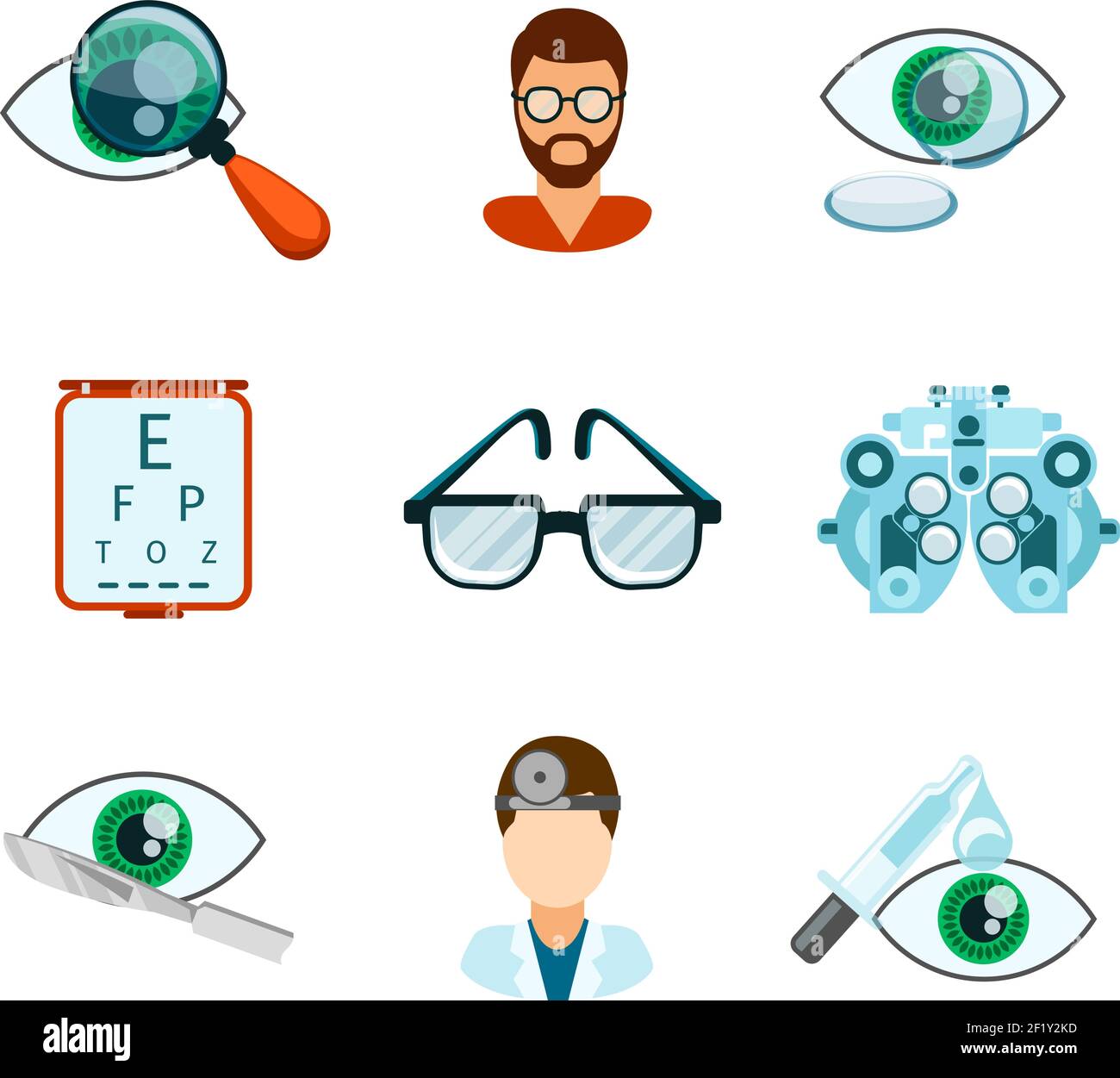 Optometry and optical icons flat set. Pipette and oculist, eye analyze ...