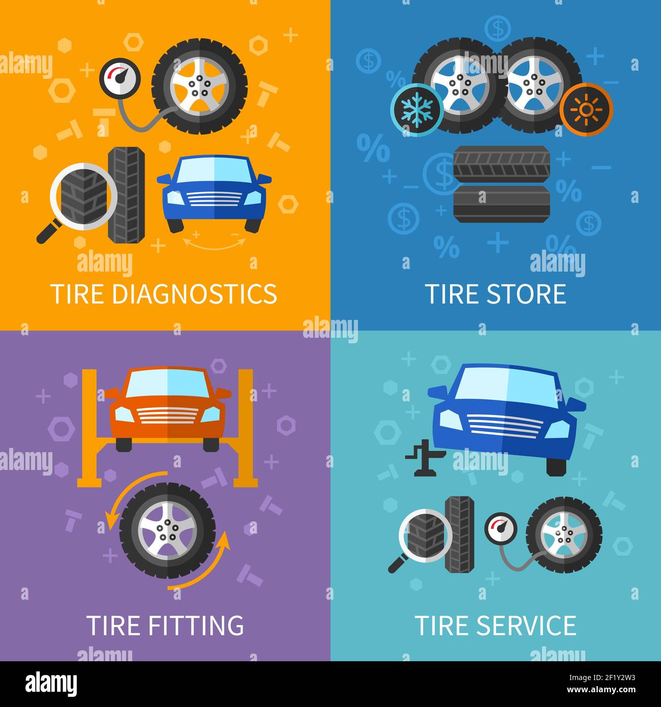 Tire service flat concepts vector set. Diagnostics and repair car