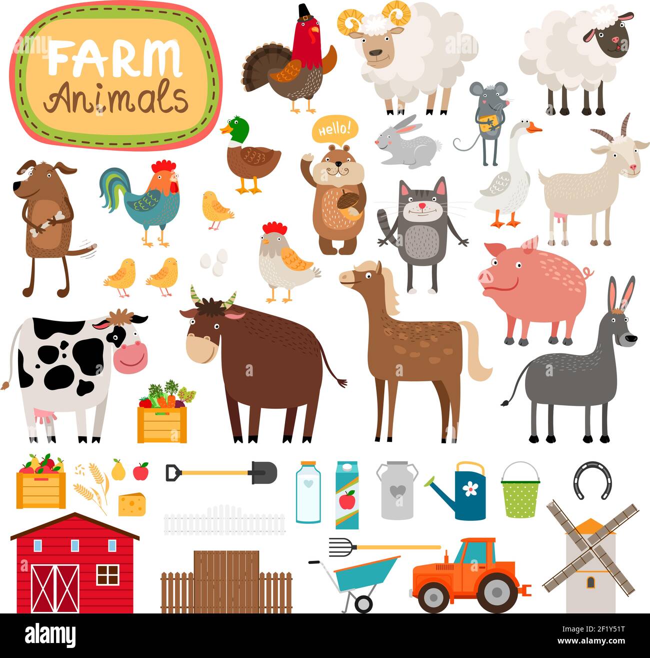 Set of vector farm animals and agricultural accessories. Sheep and cow ...