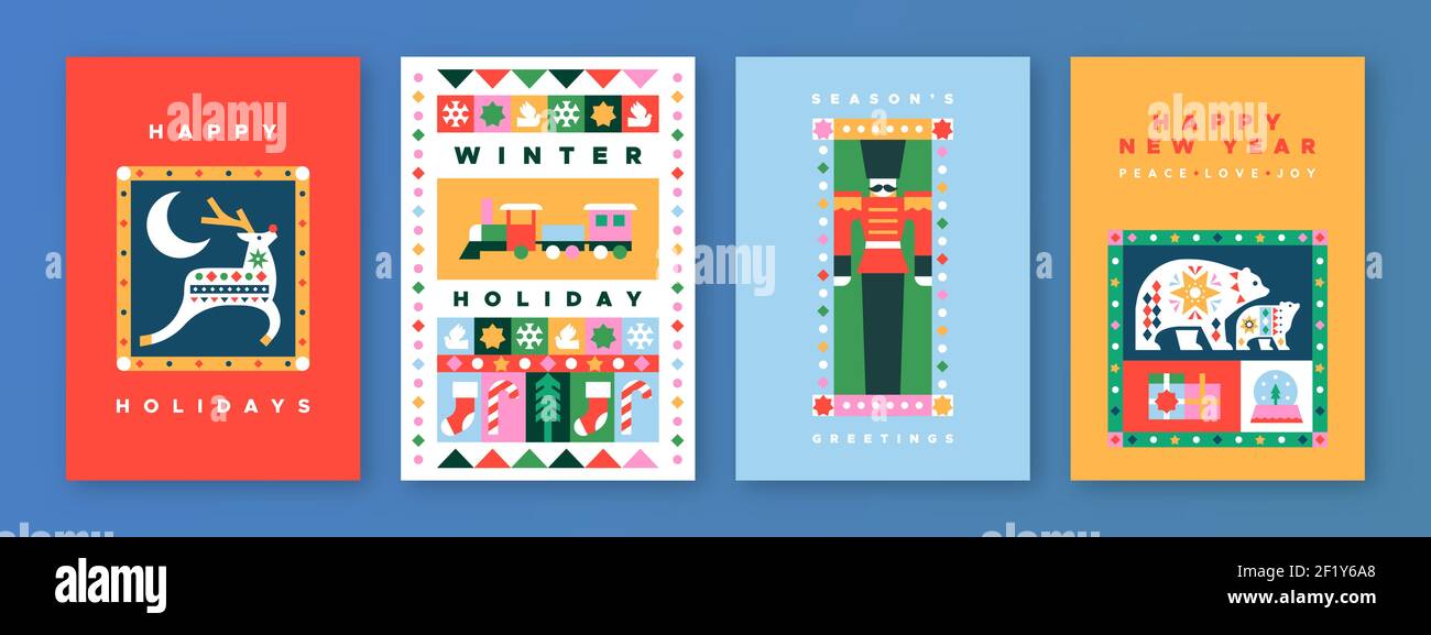 Merry Christmas greeting card set of modern flat geometric icons in traditional folk art style. Colorful xmas season decoration includes children toys Stock Vector