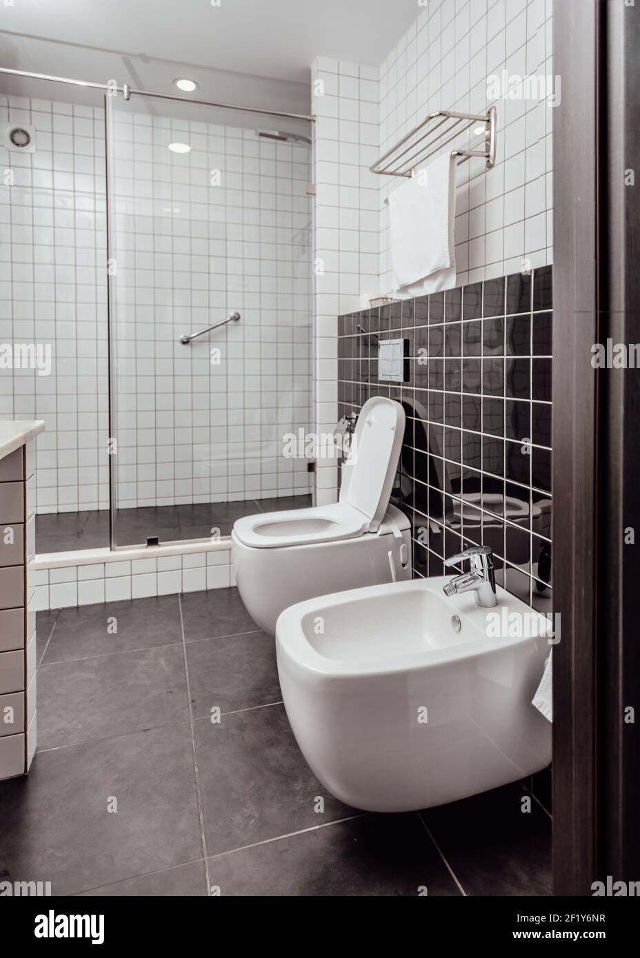Modern bathroom interior combined with toilet. Shower room and toilet