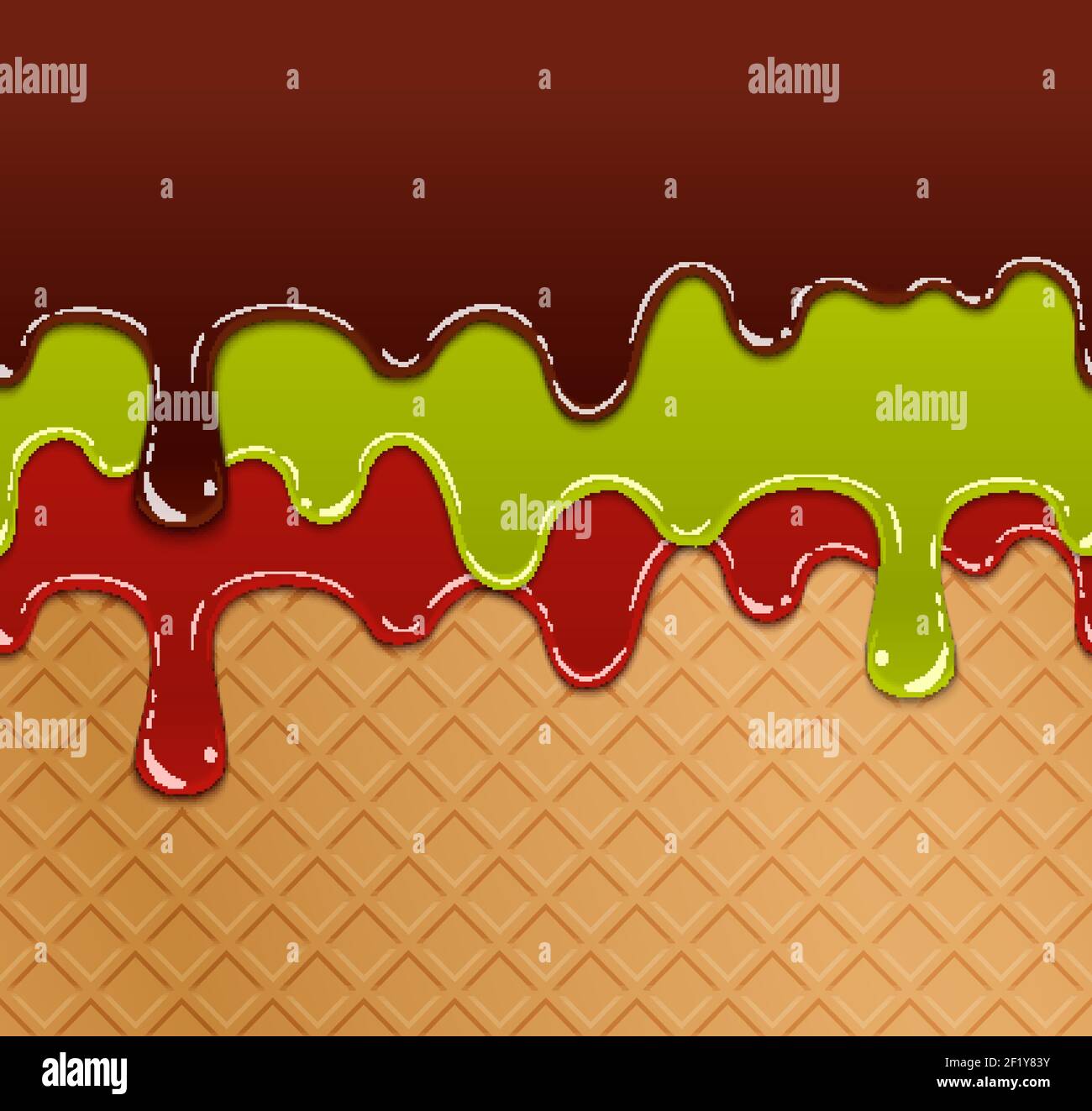 Flowing berry jam, green jelly and chocolate on waffle ice cream