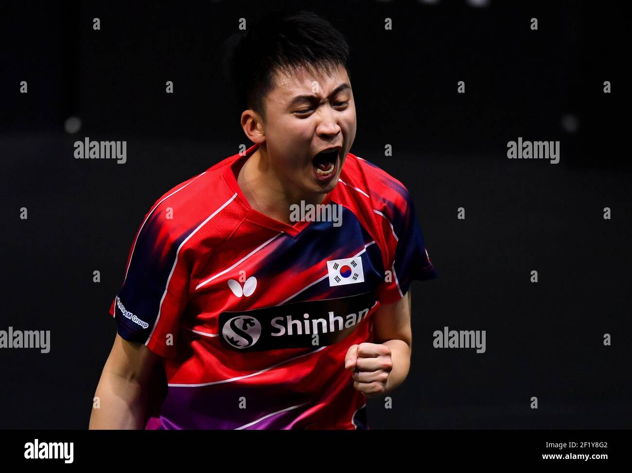 Doha, Qatar. 9th Mar, 2021. Jeoung Youngsik of South Korea reacts during the men's singles round of 32 match against Kirill Gerassimenko of Kazakistan at WTT Star Contender Doha 2021 in Doha, Qatar, on March 9, 2021. Credit: Nikku/Xinhua/Alamy Live News Stock Photo