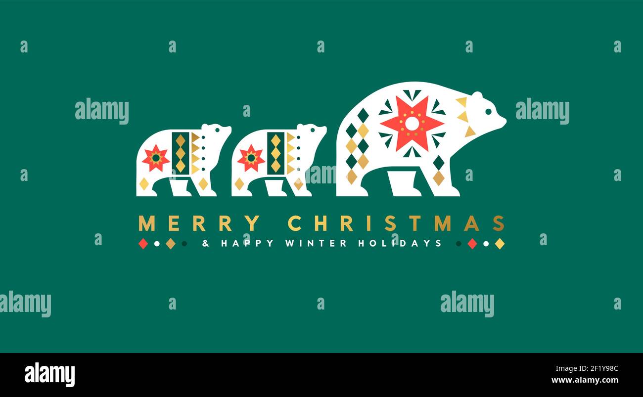 Merry Christmas greeting card illustration of polar bear baby cub family with luxury gold geometric folk shapes. Modern scandinavian design for minima Stock Vector
