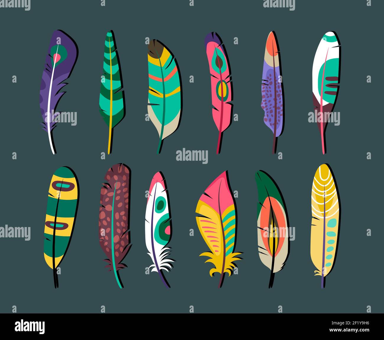Close up Attractive Colored Feathers Icon Set Designs on Gray ...