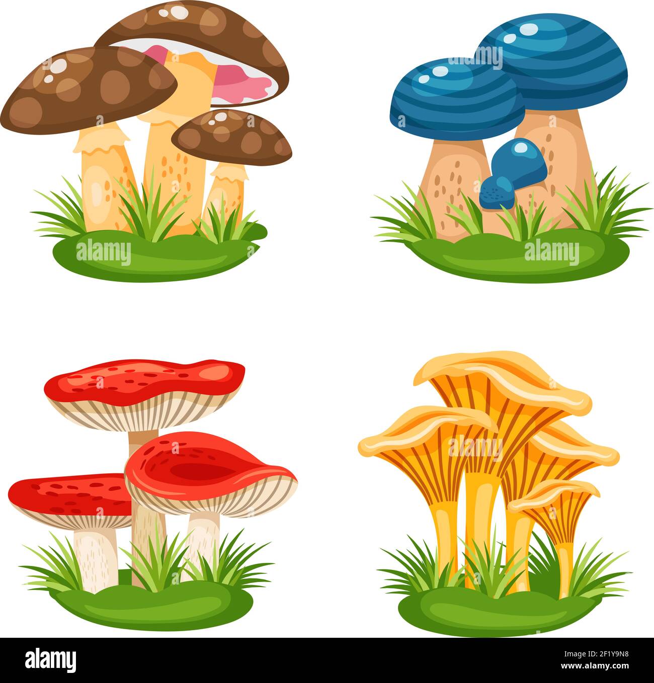Cute little families of mushrooms in grass on white background vector