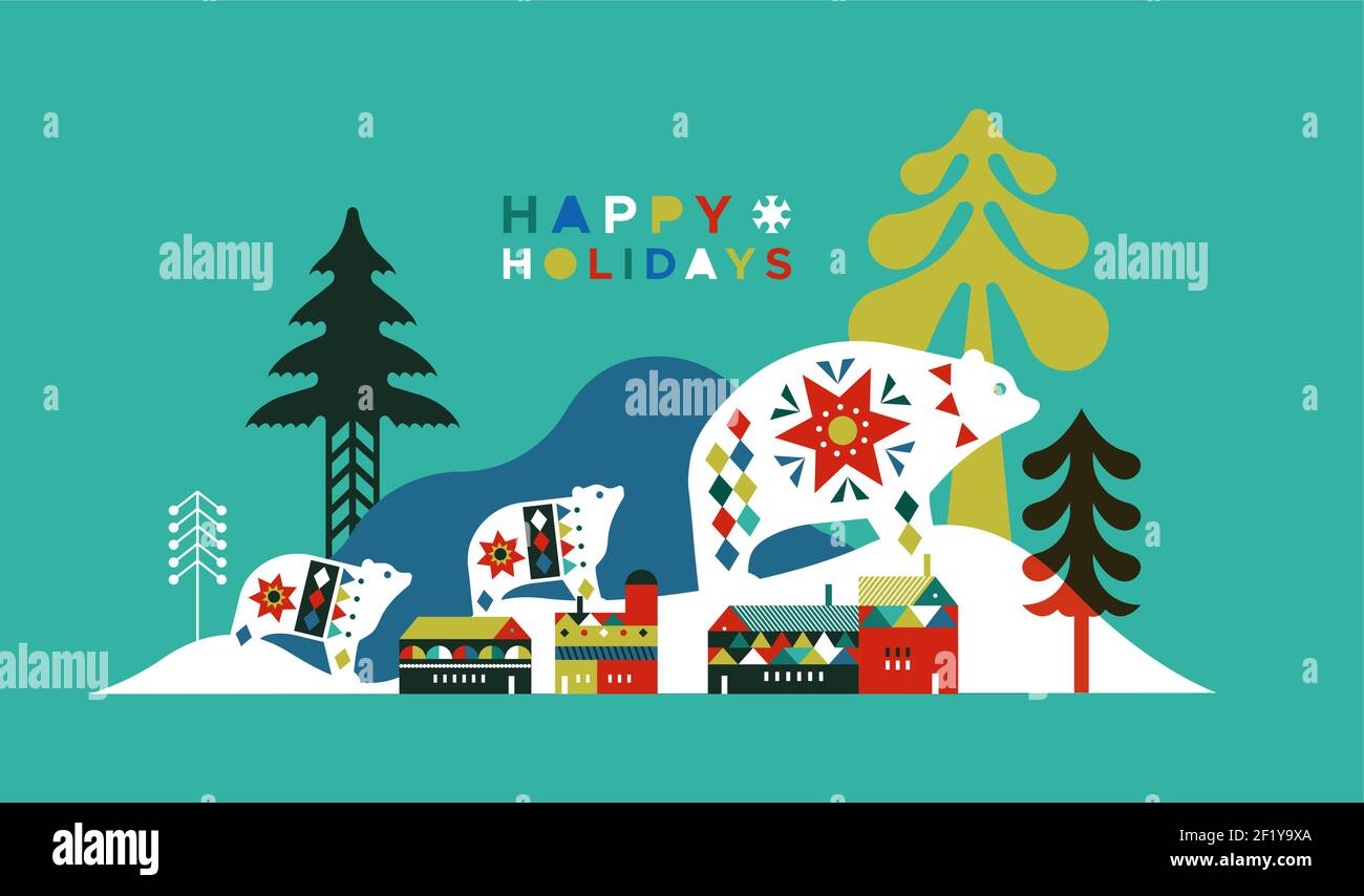 Happy holiday greeting card illustration, modern flat scandinavian art style landscape with winter city houses, pine tree forest and cute polar bear f Stock Vector