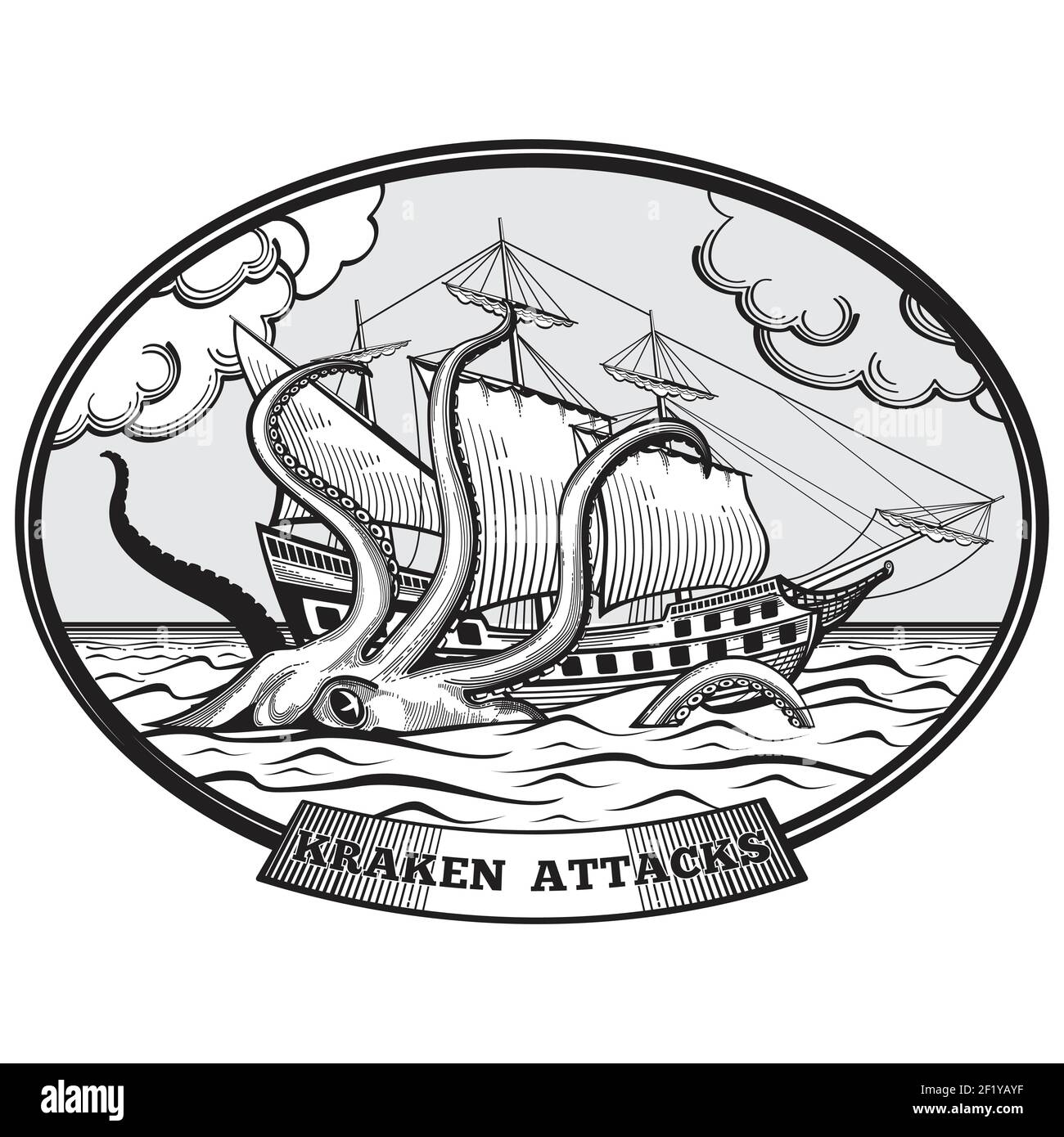 Sailing ship and Kraken monster octopus emblem hand drawn style. Tentacle ocean, nature giant, vector illustration Stock Vector