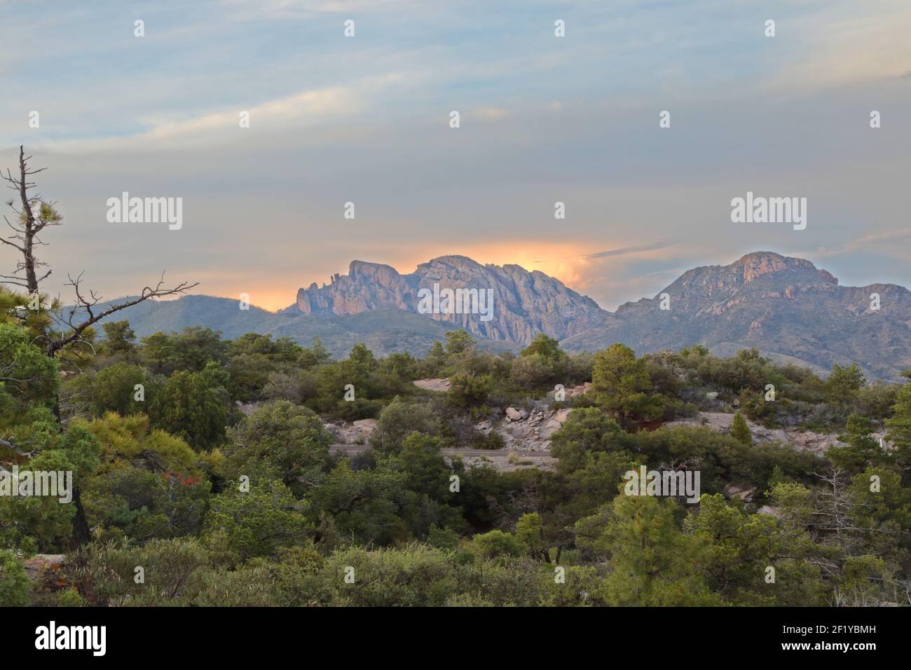 Sunset over Cochise Head rock formation, Chiricahua National Monument, Arizona Stock Photo