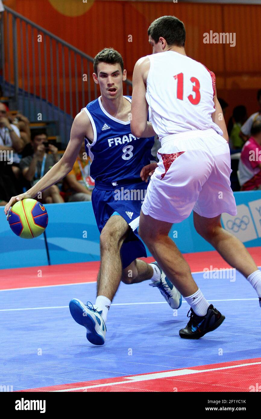 Team France (Lucas Dussoulier ) competes against Team Poland during the Men  Basketball 3 X 3 tournament of Nanjing 2014, Youth Olympic Games in  Nanjing, east China's Jiangsu province, day 3, on