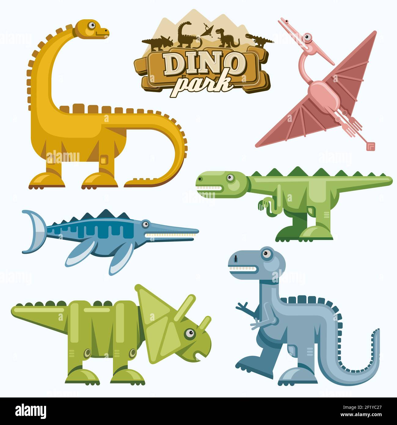 Two funny baby dinosaur characters - brontosaurus and pterodactyloidea,  cartoon vector illustration isolated on white background. Happy smiling  brontosaurus and pterodactyloidea dinosaur characters Stock Vector