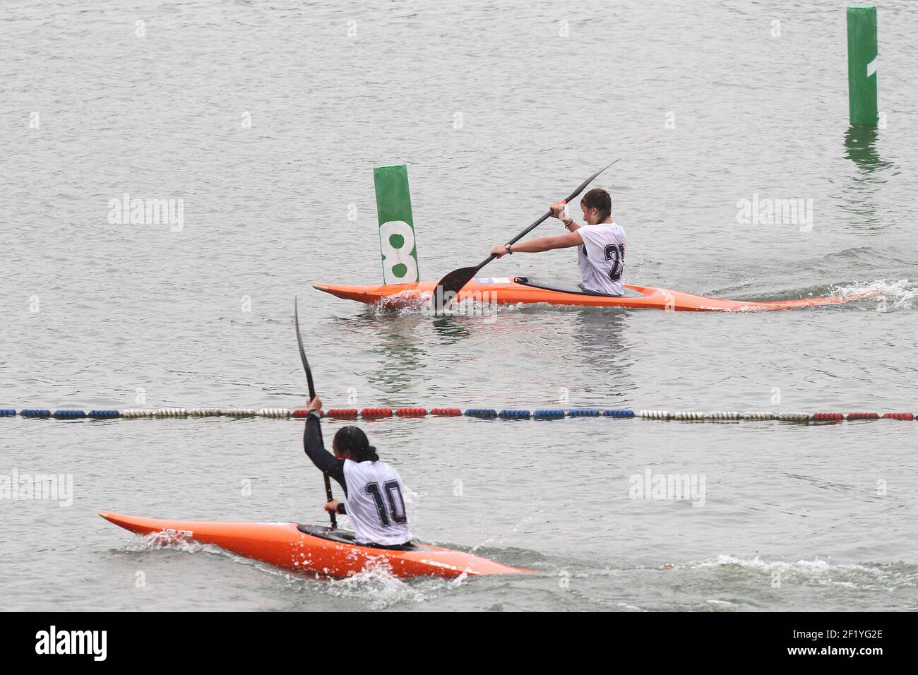 Camille Prigent (FRA) is Youth Olympic Champion and gold medal during the  Canoe Kayak K1 Slalom Obstacle of Nanjing 2014, Youth Olympic Games in  Nanjing, east China's Jiangsu province, day 12, on