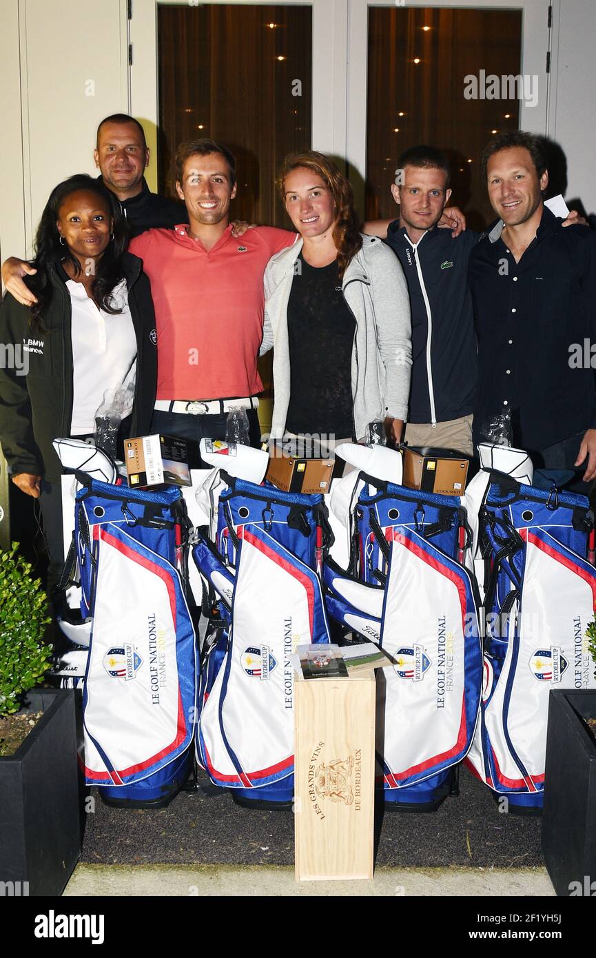 When the golf meets the other Olympic sports, the winning team: Laura Flessel-Colovic, William Forgues, Camille Muffat, Pierrick Bourgeat, with the organizers Brice Guyart and Jerome Weibel during the O' Cup 2014 at the Crecy Golf Club, in Crecy La Chapelle, France, on september 22, 2014. Photo : Philippe Millereau / KMSP / DPPI Stock Photo