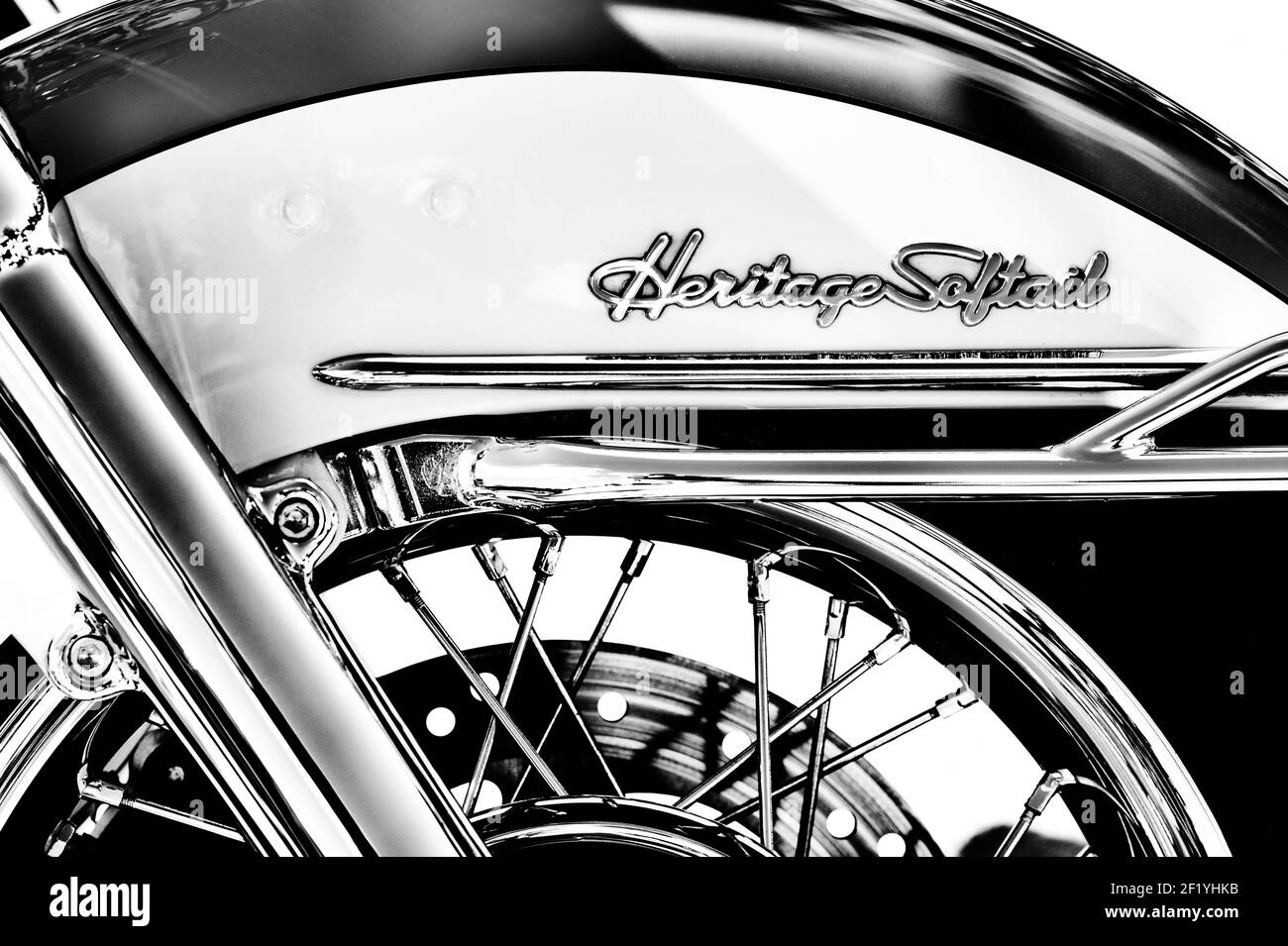 Harley Davidson heritage softail motorcycle wheel abstract. Black and White Stock Photo