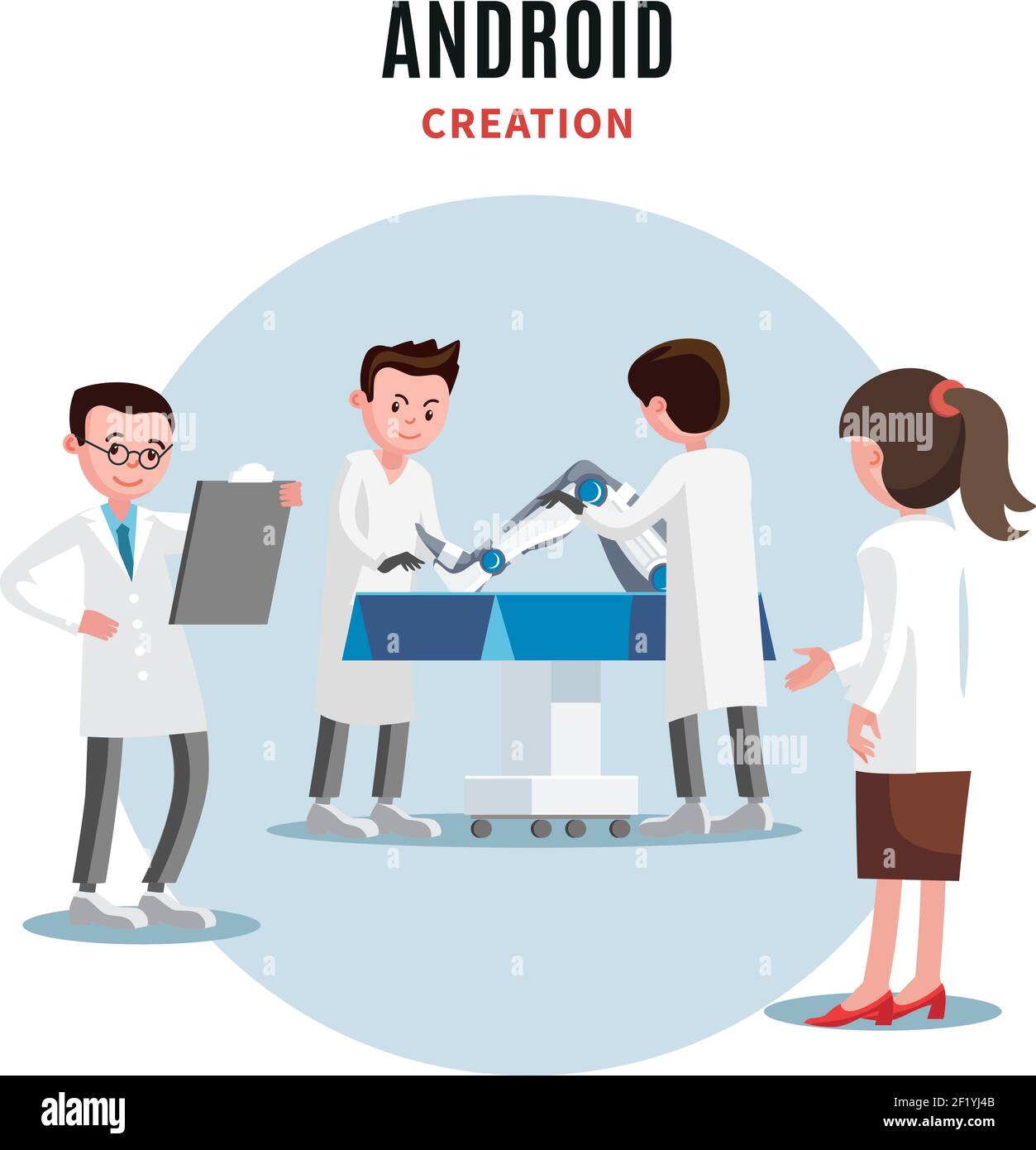 Cybernetic engineering template with group of scientists testing robotic leg in laboratory vector illustration Stock Vector