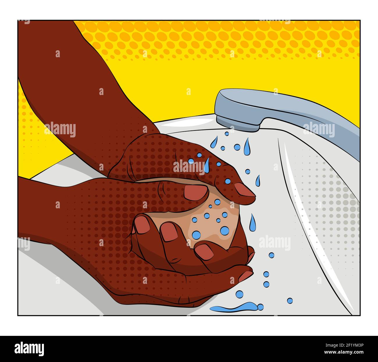 Black African person washing hand with soap. Comic book style illustration with colorful background. Washing hands in a sink, disinfection. Hygiene co Stock Vector