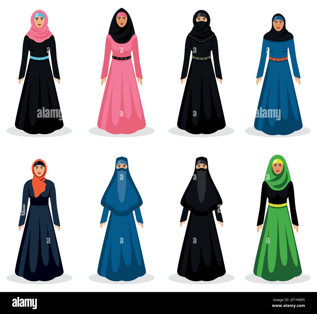 Middle eastern woman set. Traditional arabic hijab, ethnicity girl clothing, vector illustration Stock Vector