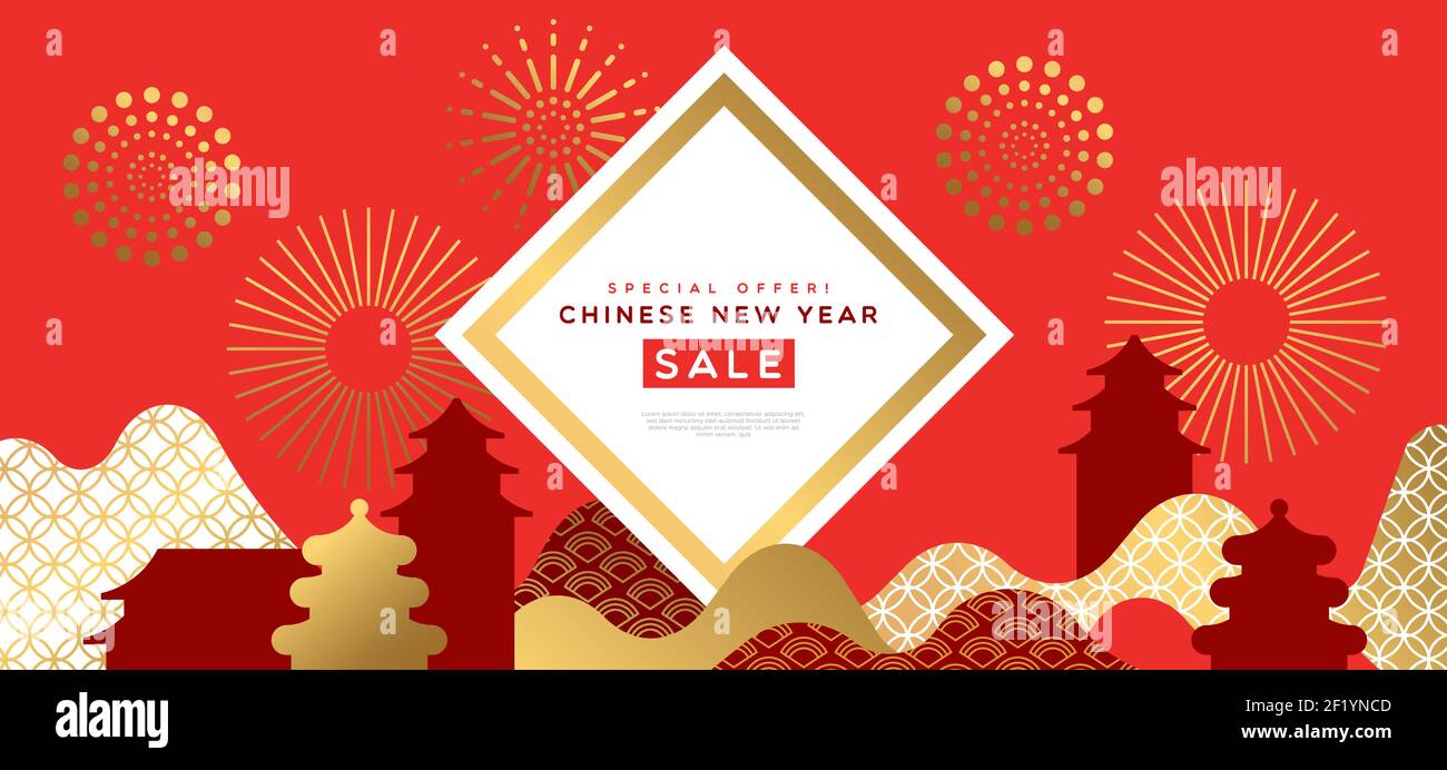 Chinese New Year sale template illustration. Luxury gold and red asian landscape in abstract geometric style with traditional china culture decoration Stock Vector