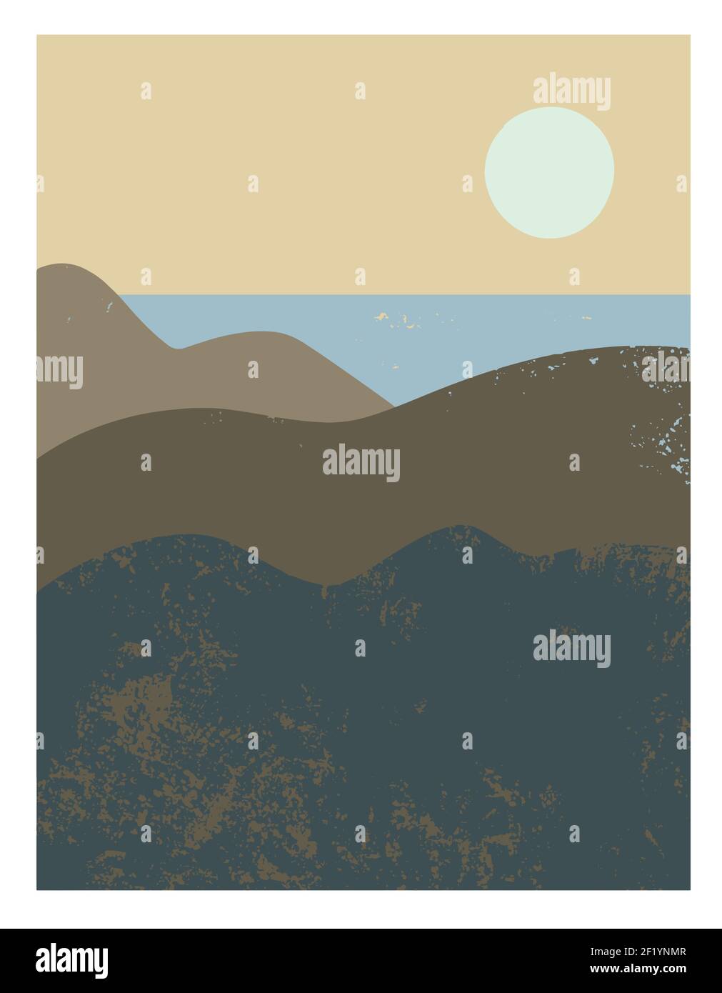Abstract minimalistic vector sunset landscape with mountains and sea ...