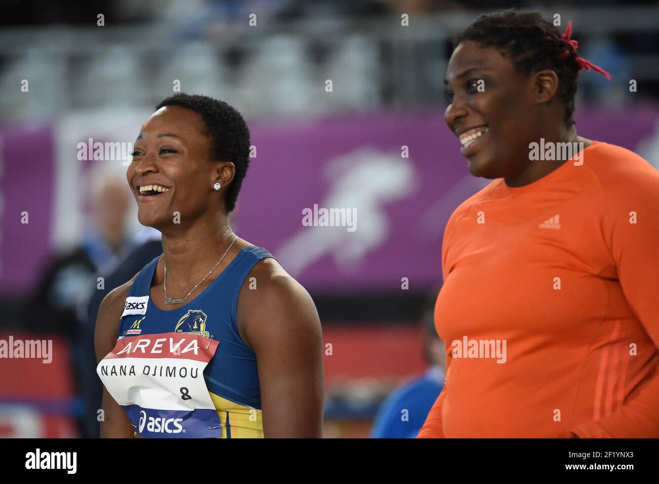 Antoinette Nana Djimou Ida (FRA) and Jessica Cerival (FRA) competes on Shot Put final during the French Championships Indoor Aubiere 2015, at Jean-Pellez Stadium in Clermont-Ferrand, France, on February 20-21, 2015. Photo Stephane Kempinaire / KMSP / DPPI Stock Photo