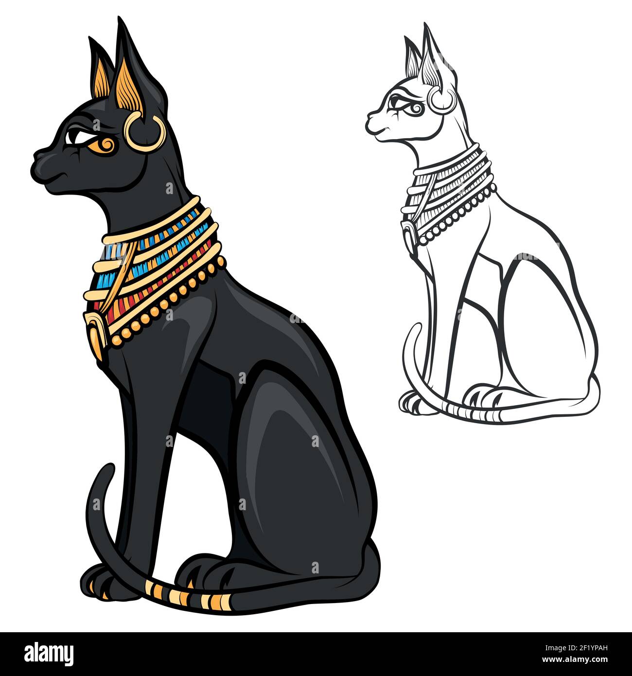 Egypt cat goddess bastet. Egyptian god, ancient figurine sitting, black statue feline, souvenir statuette, vector illustration Stock Vector