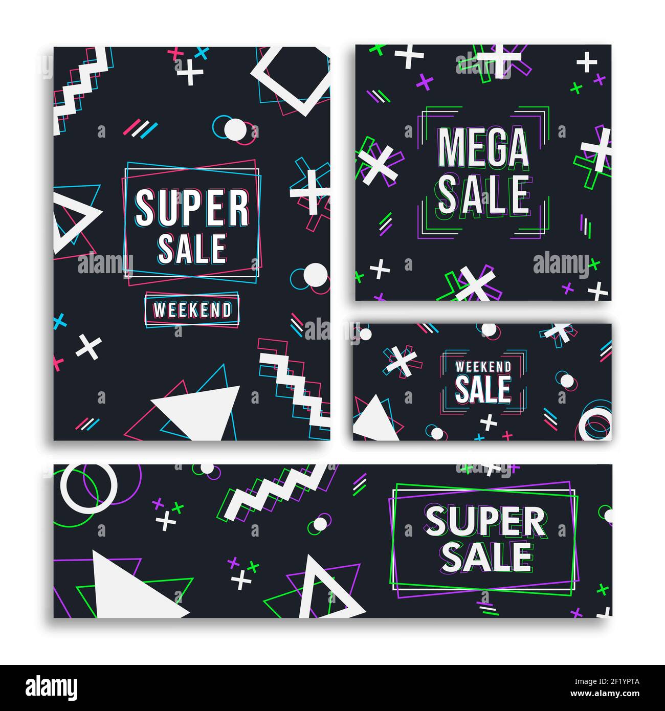 Modern sale template poster set. Abstract holographic geometric shape design collection for web business promotion, special discount event label bundl Stock Vector