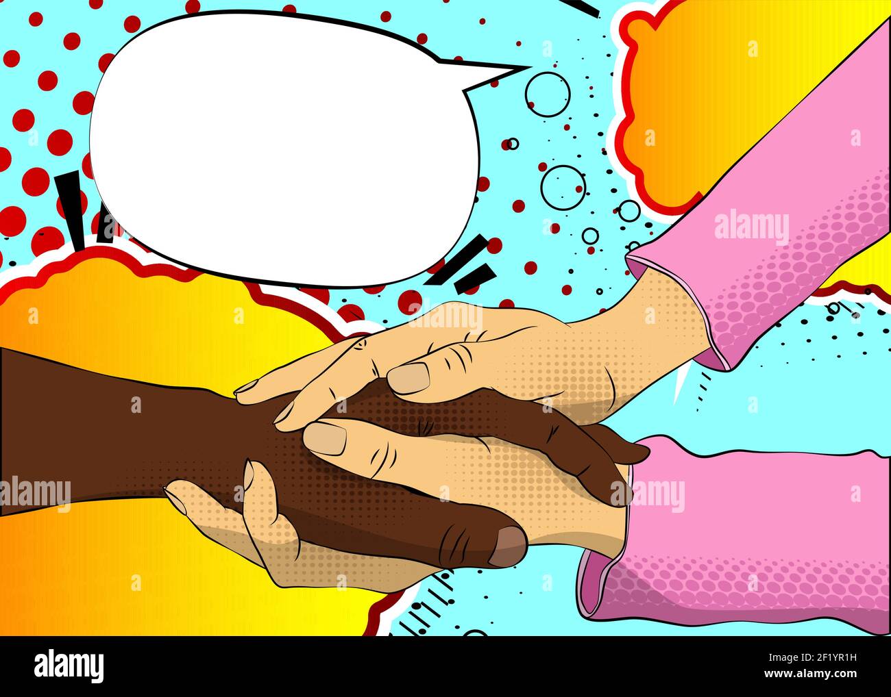 Close up of a Caucasian woman holding a black male hand. Showing candid feelings like love, trust, appreciation, hope, compassion or saying sorry in a Stock Vector