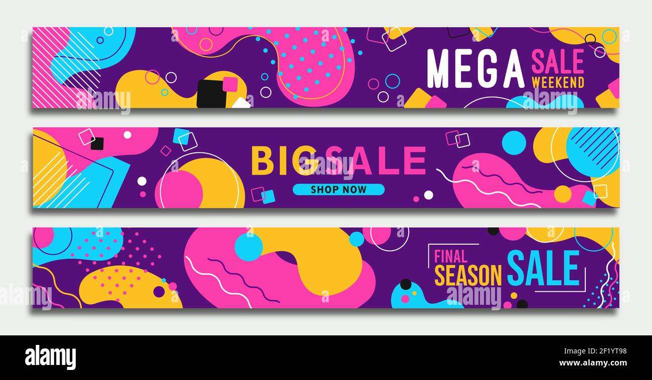 Colorful sale web banner template set. Creative modern geometric shape header collection for special online business discount, clearance weekend event Stock Vector