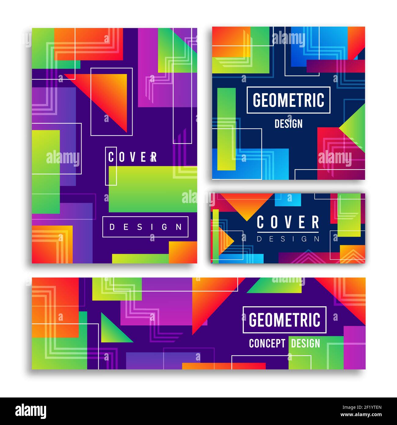 Colorful abstract geometric shape card illustration set. Futuristic neon decoration, modern technology label bundle for trendy product presentation or Stock Vector