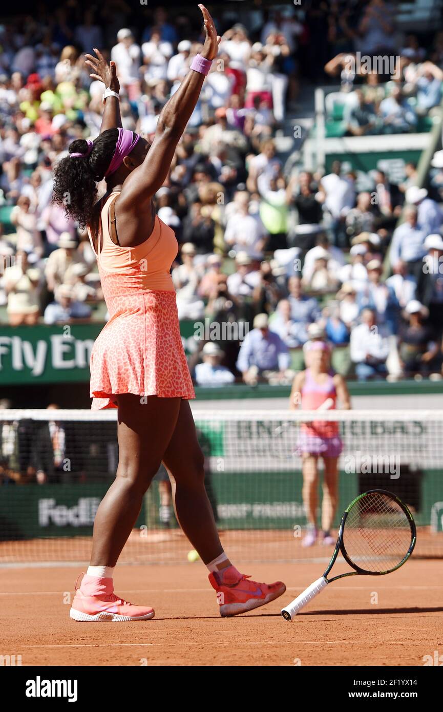 Serena Williams of the United States reacts after winning the Women's  Singles Final against Lucie Safarova of Czech Republic on day fourteen of  the 2015 French Open at Roland Garros on June