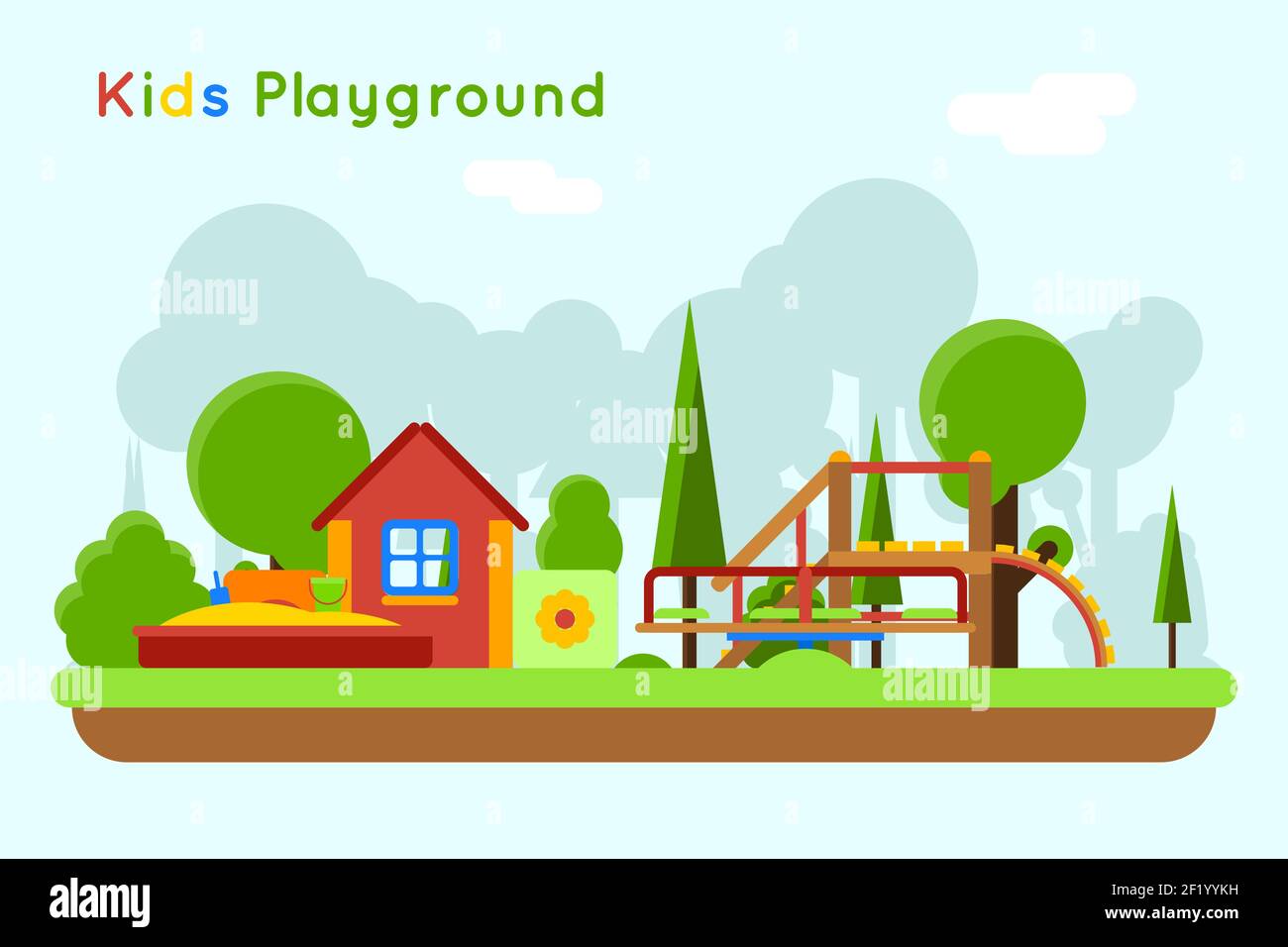 Slide and sandpit playground. Outdoor and sand, toy childhood, vector illustration Stock Vector